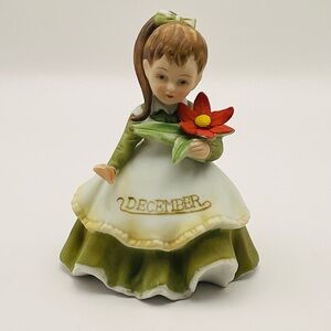 Vintage Lefton KW4200 December Porcelain Bisque Birthday Girl Figure Green Dress